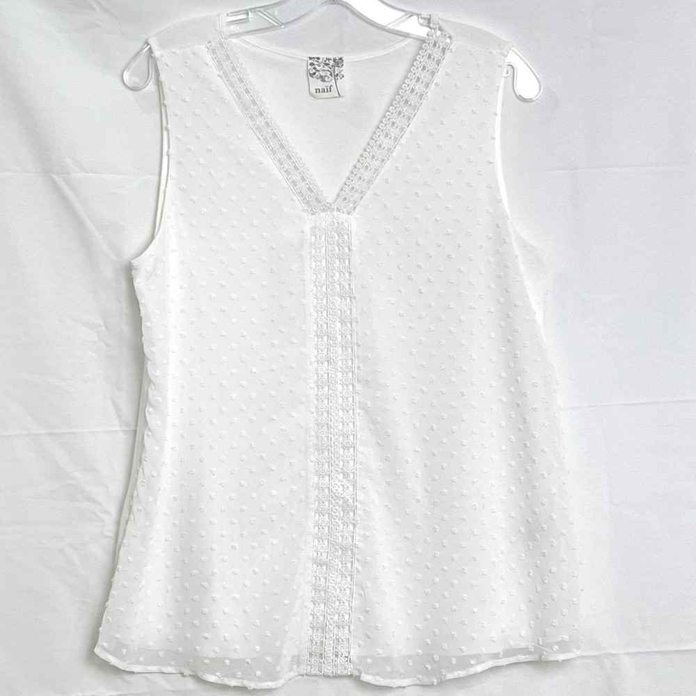 Naif Womens Sleeveless Tank Top M White Swiss Dot Crochet Lace Trim‎ DT6275 Boho